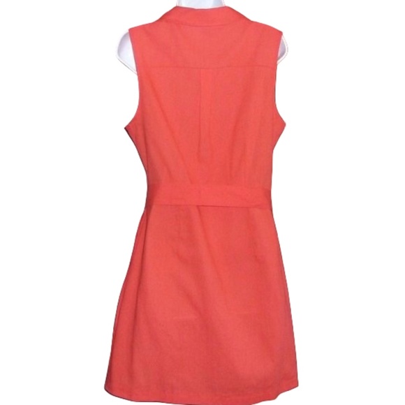 V-Neck Collared Dress, Sleeveless, Short Poppy Coral, W/Belt, Buttons Pockets, L - Picture 7 of 9